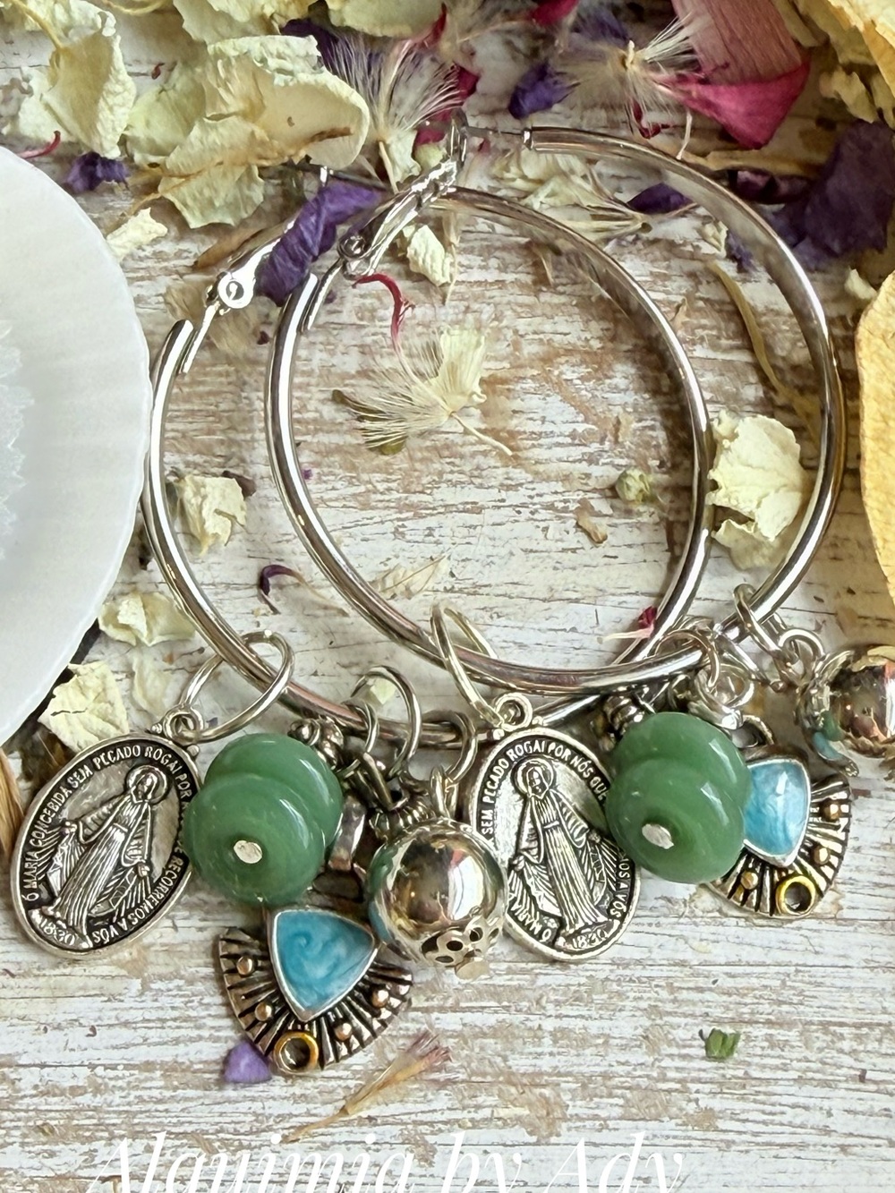 Alquimia Silver Hoop Earrings with Green Beads and Blue Accents